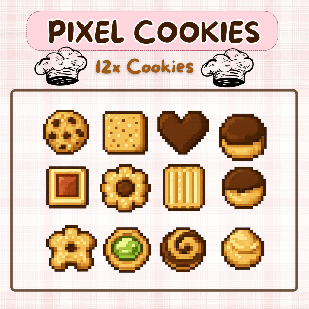 Twelve assorted pixelated cookies in a grid