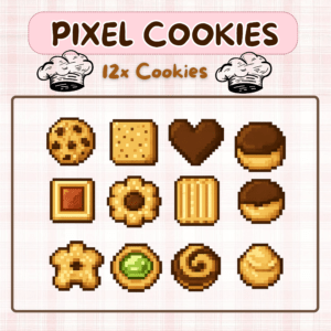 Twelve assorted pixelated cookies in a grid