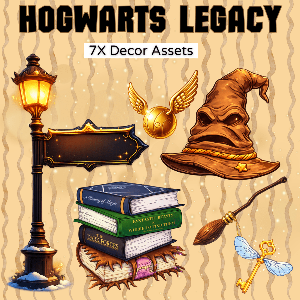 Fantasy-themed decor assets including books, hat, and broom