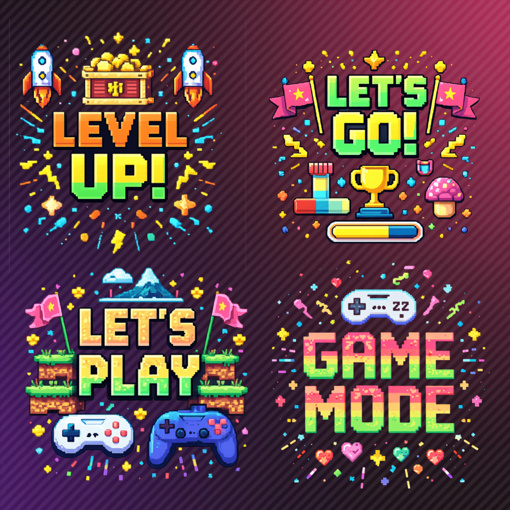 Colorful retro gaming icons and phrases design