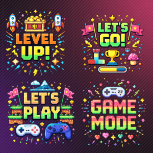 Colorful retro gaming icons and phrases design