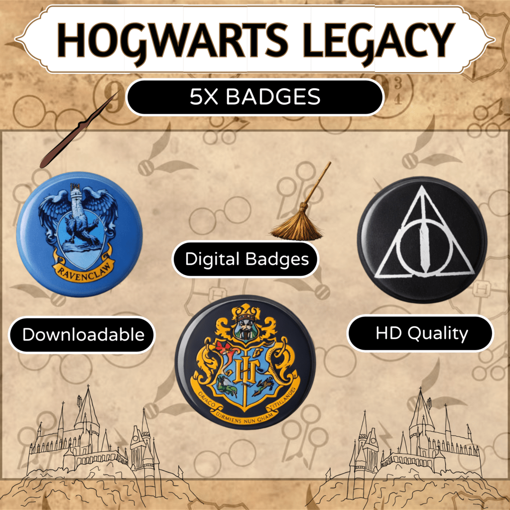 Hogwarts Legacy digital badges collection with emblems