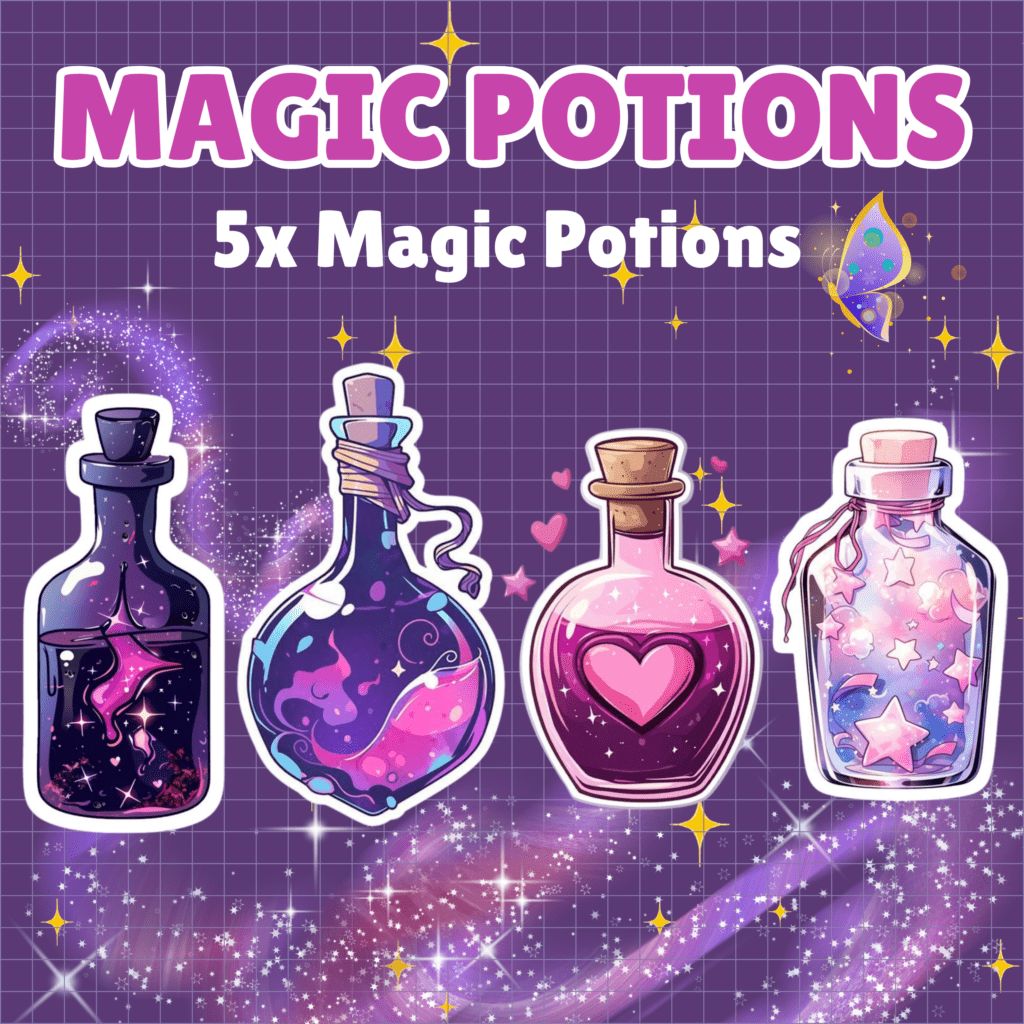 Five colorful magic potion bottles on purple background