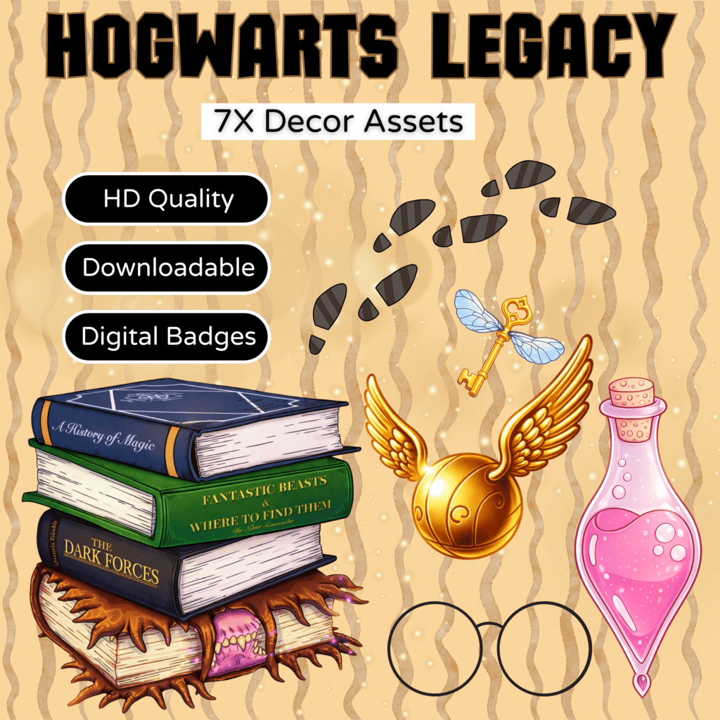 Hogwarts-themed decor assets featuring books and magic items