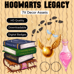 Hogwarts-themed decor assets featuring books and magic items