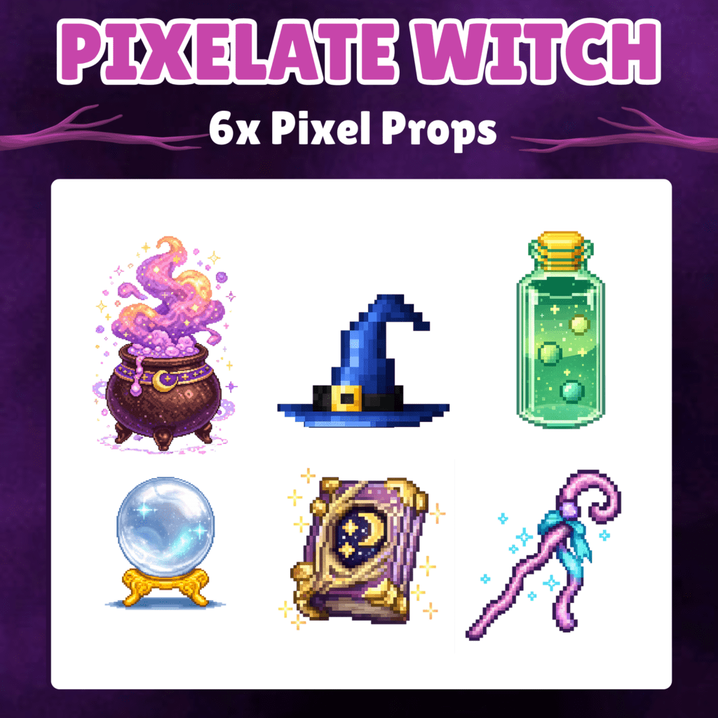Pixel art of magical witch props including hat and cauldron