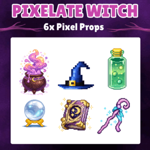Pixel art of magical witch props including hat and cauldron