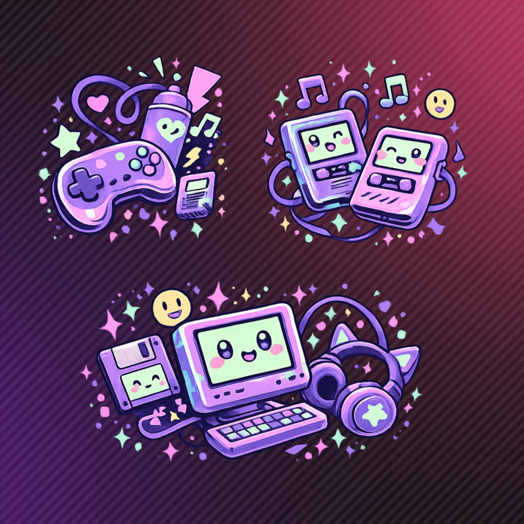 Cute kawaii electronics with smiling faces and music notes