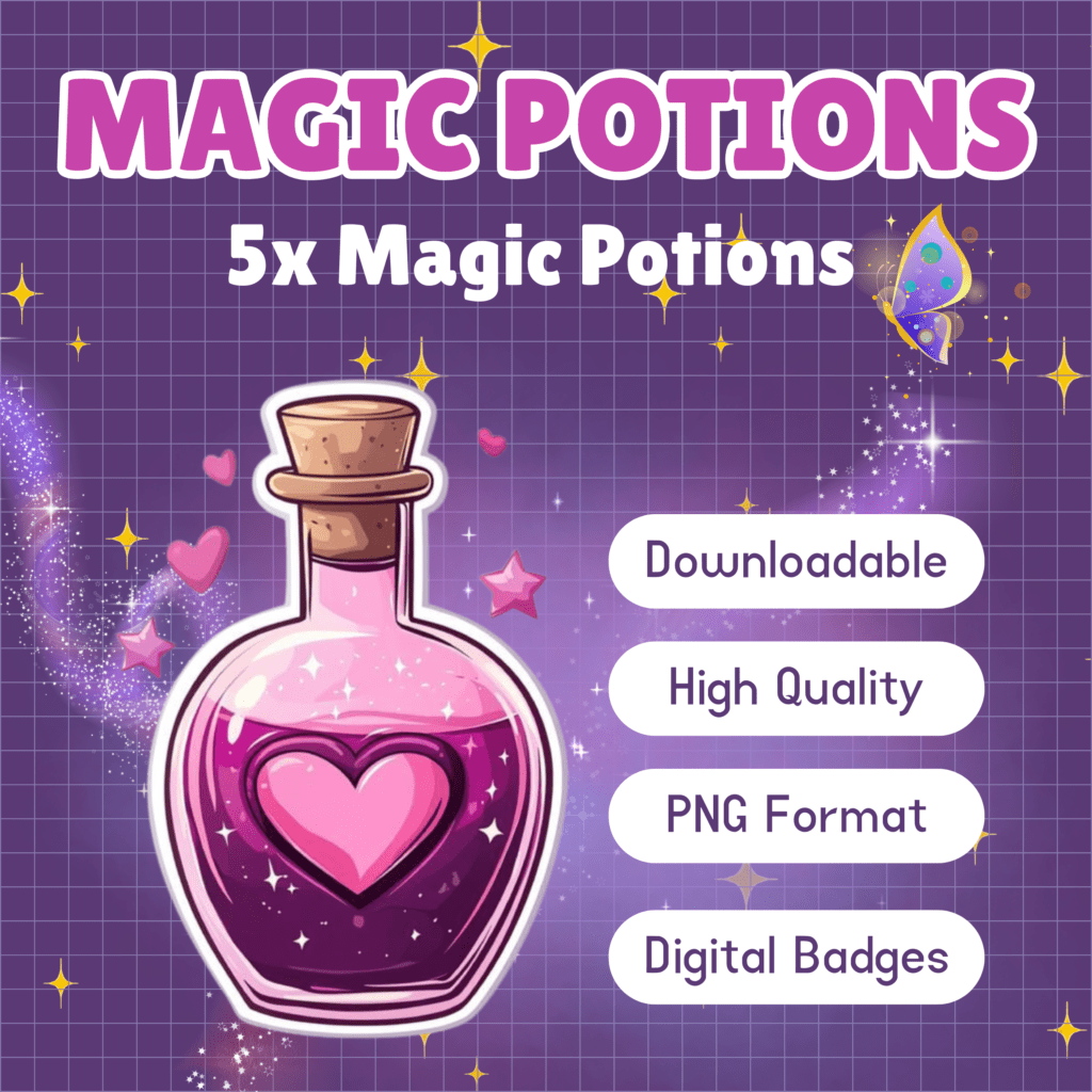 Magic potion with heart design and features list