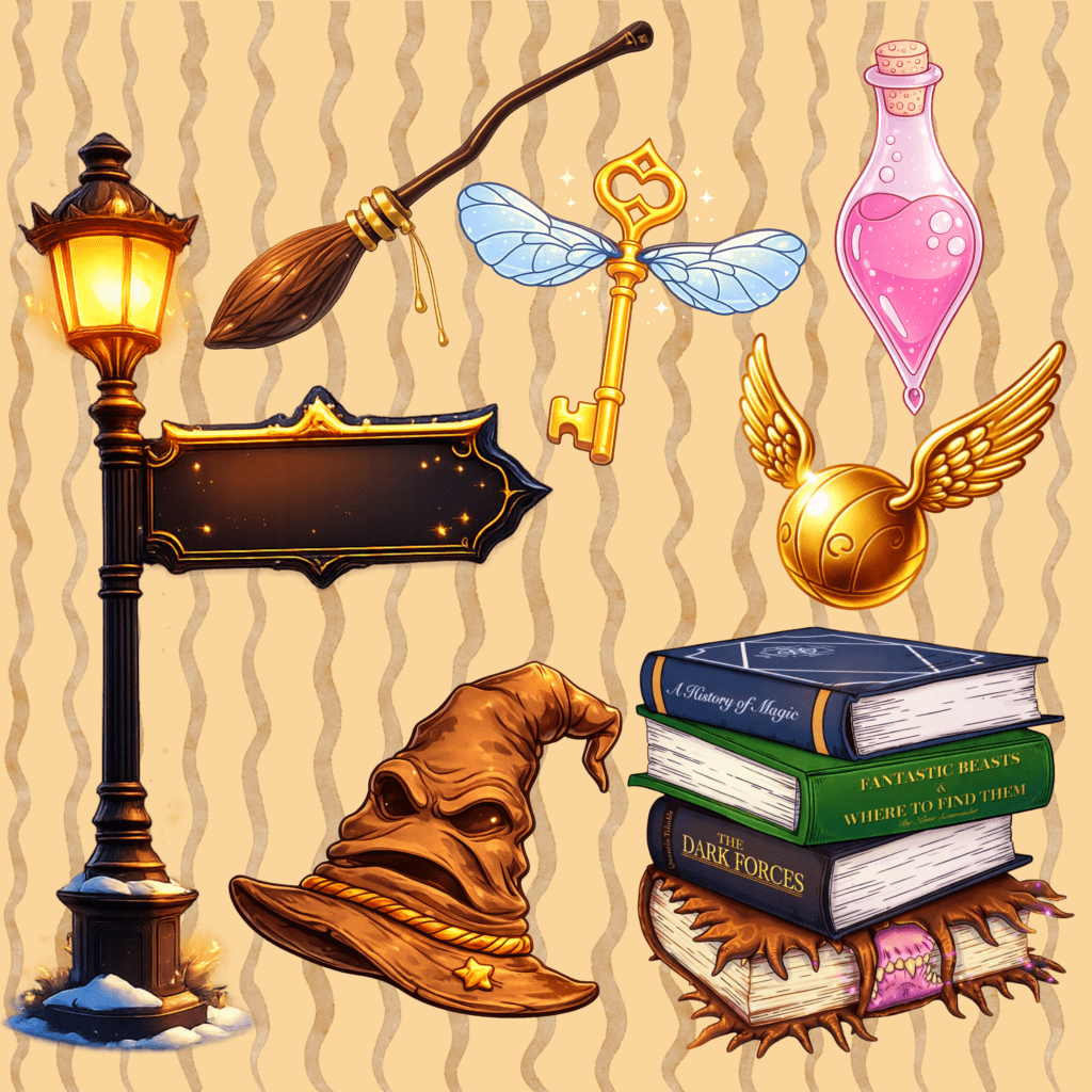 Magic-themed items including books, hat, and potion bottle