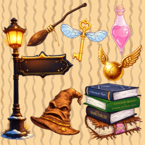 Magic-themed items including books, hat, and potion bottle