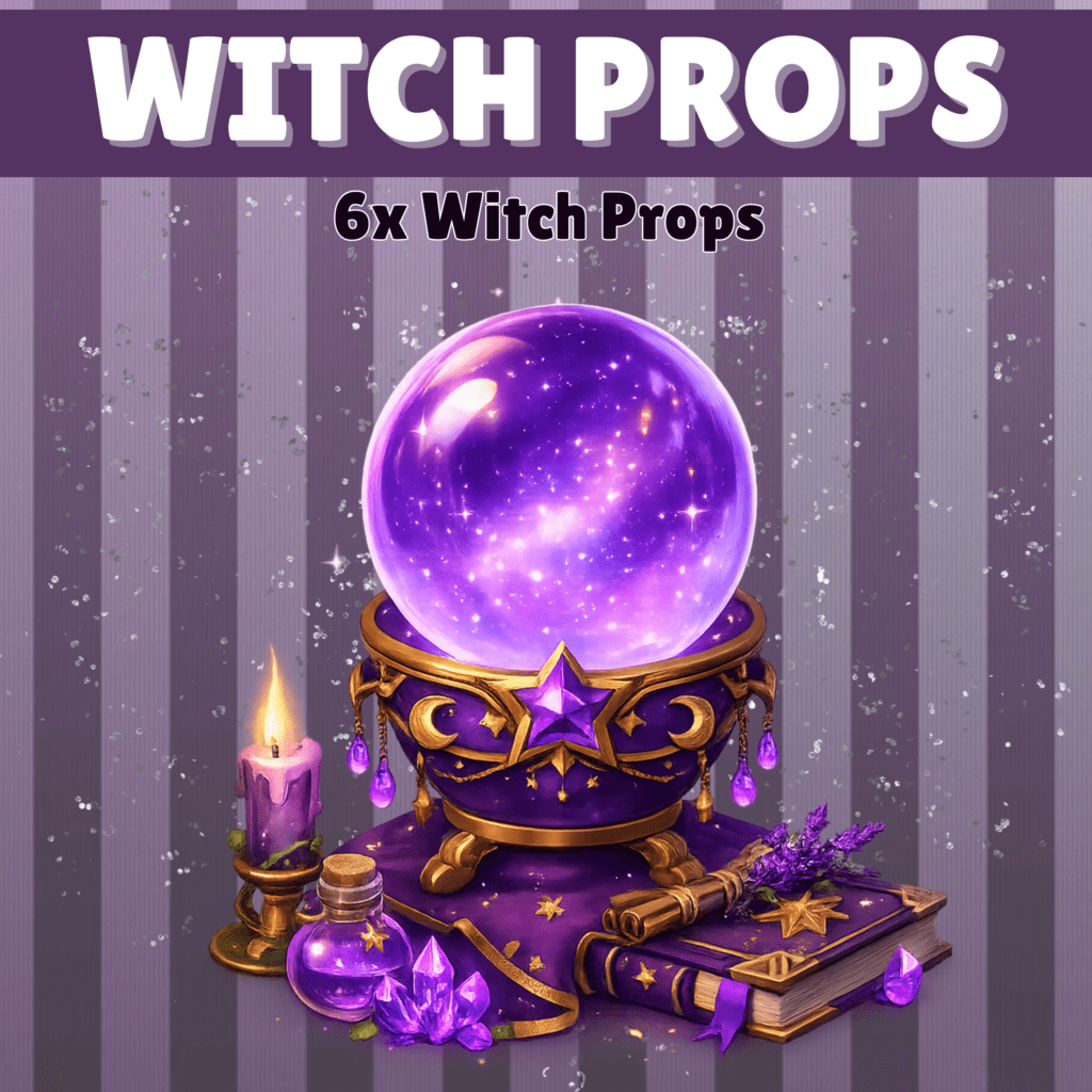 Witchcraft props including crystal ball and spellbook