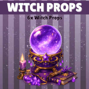 Witchcraft props including crystal ball and spellbook