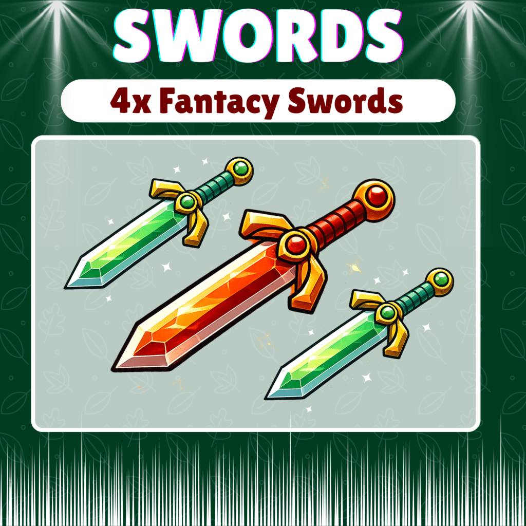 Four colorful fantasy swords on green background