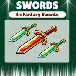 Four colorful fantasy swords on green background