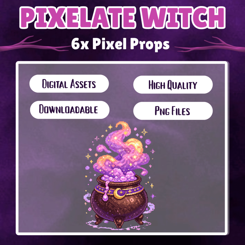 Pixel witch cauldron with downloadable digital assets