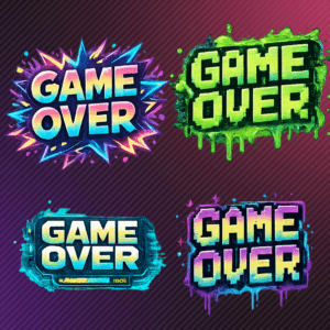 Colorful "Game Over" designs on textured background