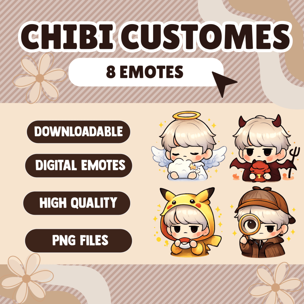 Chibi character emotes in various costumes displayed