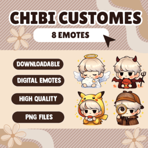 Chibi character emotes in various costumes displayed