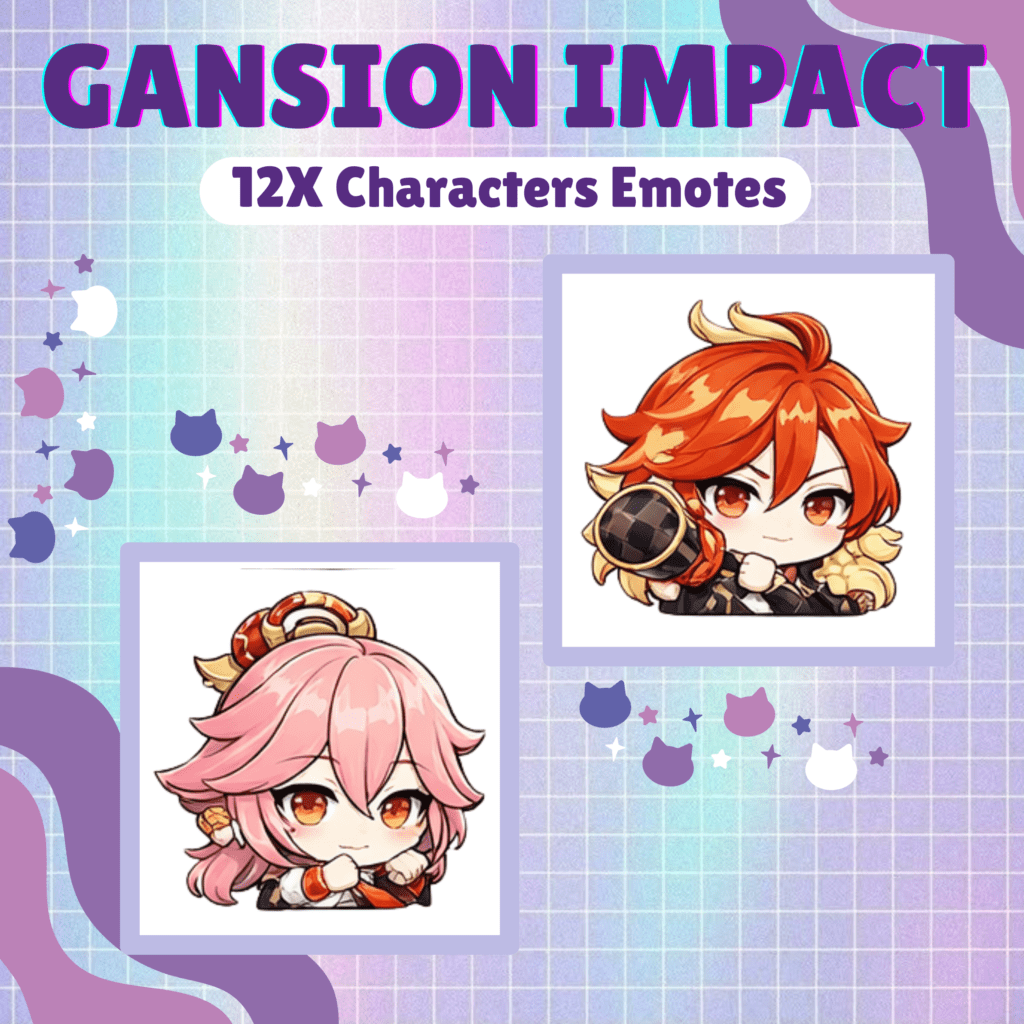 Gansion Impact character emotes on colorful grid background