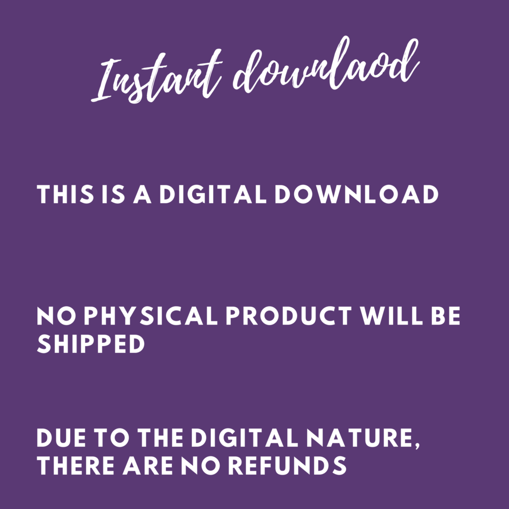 Digital download notice, no physical shipment or refunds