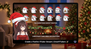 Christmas-themed VTuber stream with ghost emotes and decorations