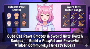 VTuber character with cat emotes and sword badges