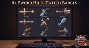 Nine sword-themed Twitch subscription badges displayed on monitor
