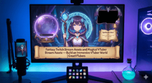 Fantasy-themed streamer setup with VTuber graphics on screen
