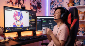Person streaming with avatar on monitor, laughing joyfully