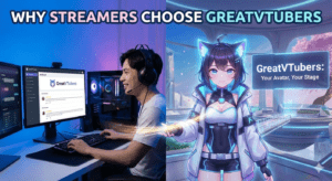 Gamer using GreatVTubers platform with virtual avatar