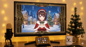Anime character on Christmas-themed streaming setup