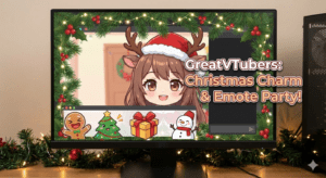 Festive anime character with holiday decorations on screen