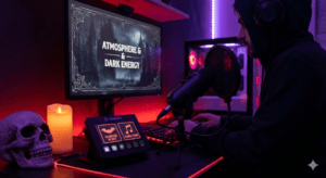 Gothic gaming setup with a moody atmosphere and microphone.