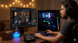 Gamer streaming live on computer with chat interactions