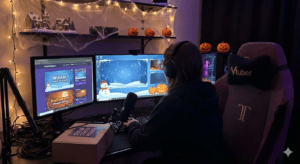 Gamer streaming at a decorated Halloween-themed desk setup