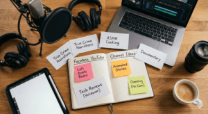Podcast and YouTube planning setup with microphone and laptop
