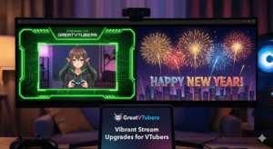 VTuber streaming with fireworks and Happy New Year message