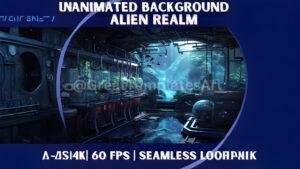 Futuristic alien realm with neon lights and glowing flora