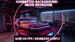 Neon-themed bedroom with city view and futuristic lighting