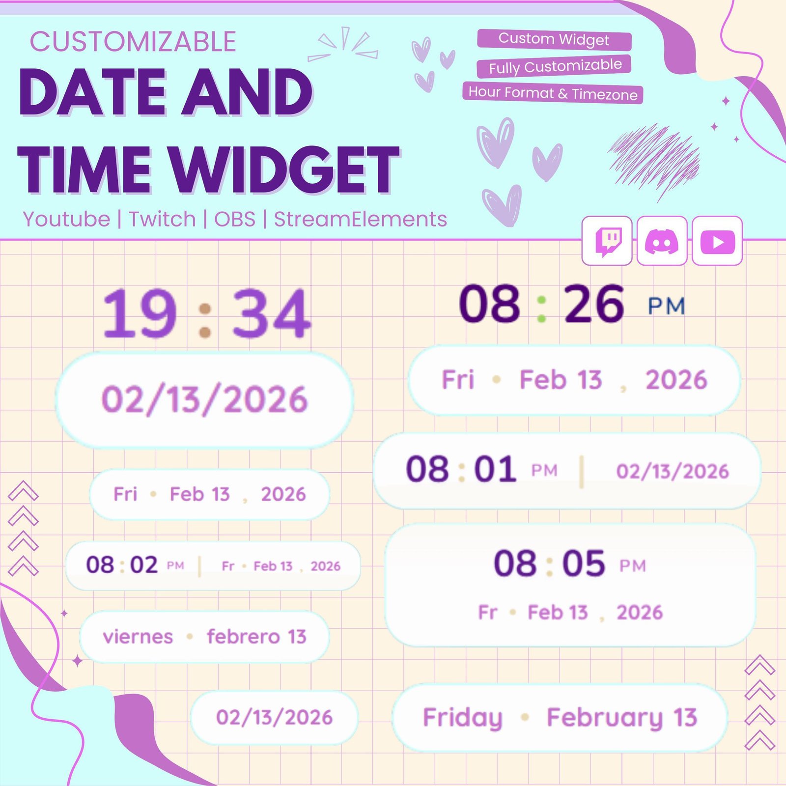 Date & Time Widget Compatible for OBS, Twitch, Kick, StreamLabs